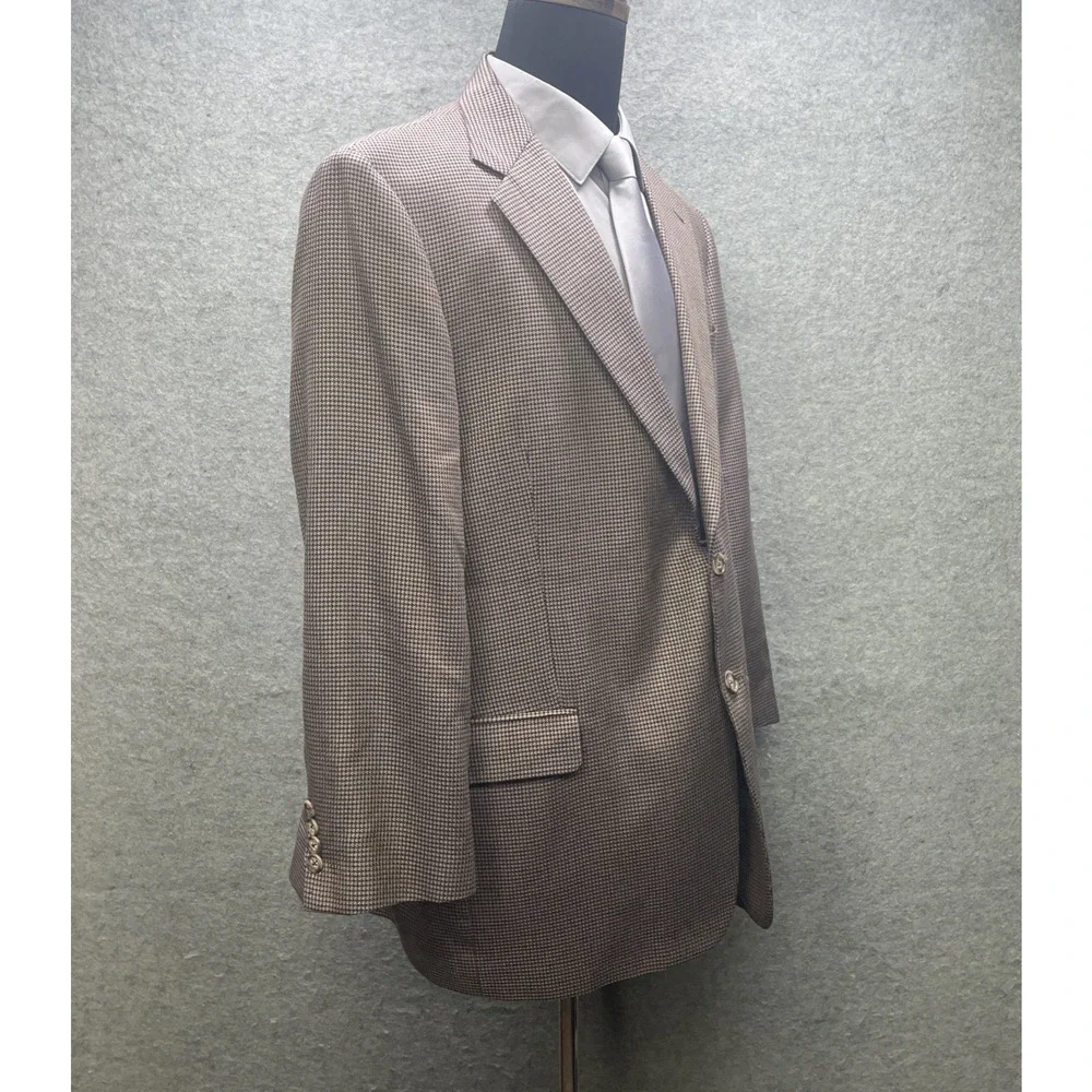 Joseph Abboud Silk Wool Blazer 46R Brown Blue Micro Houndstooth Check Tweed USA